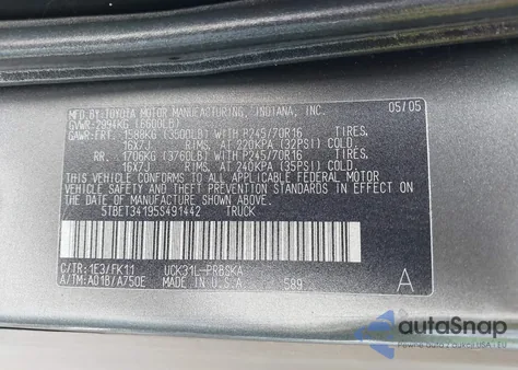 2005 Toyota Tundra Sr5 V8 из США, поврежденный, VIN 5TBET34195S491442